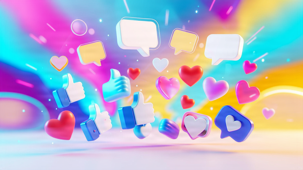 3D Social Media Marketing concept with floating icons and vibrant colors.