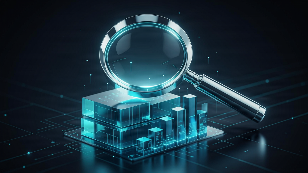 3D SEO concept with a glowing magnifying glass and data blocks.