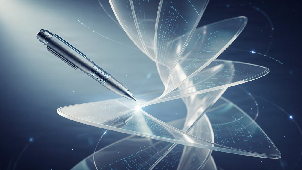 3D Content Strategy concept with a digital pen and floating pages.