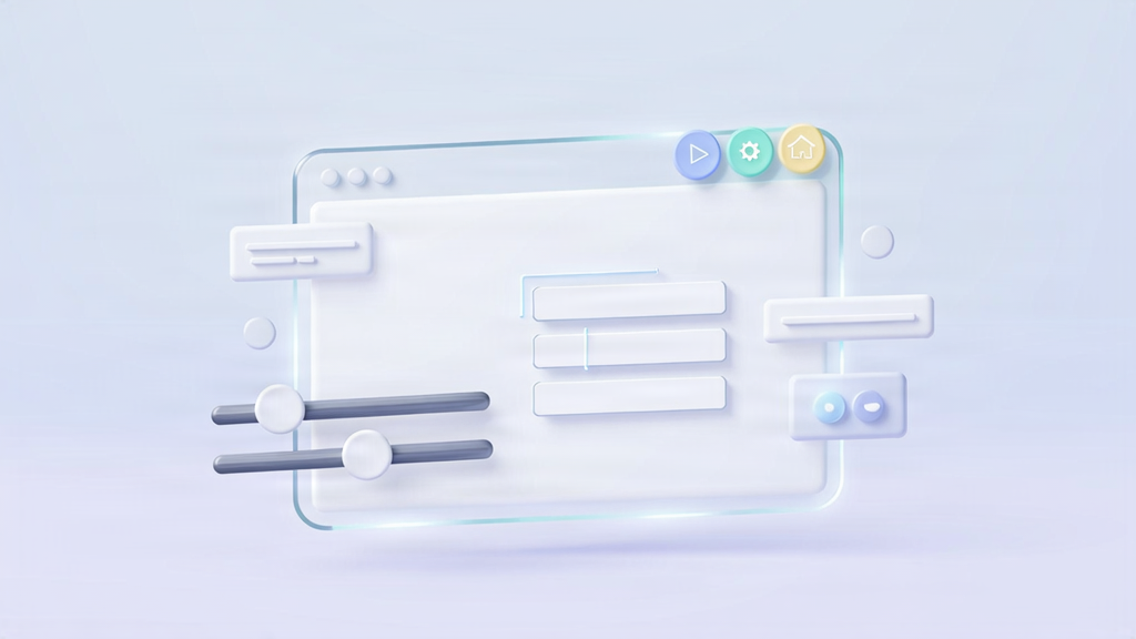 3D Web Design concept with a floating browser window and UI elements.